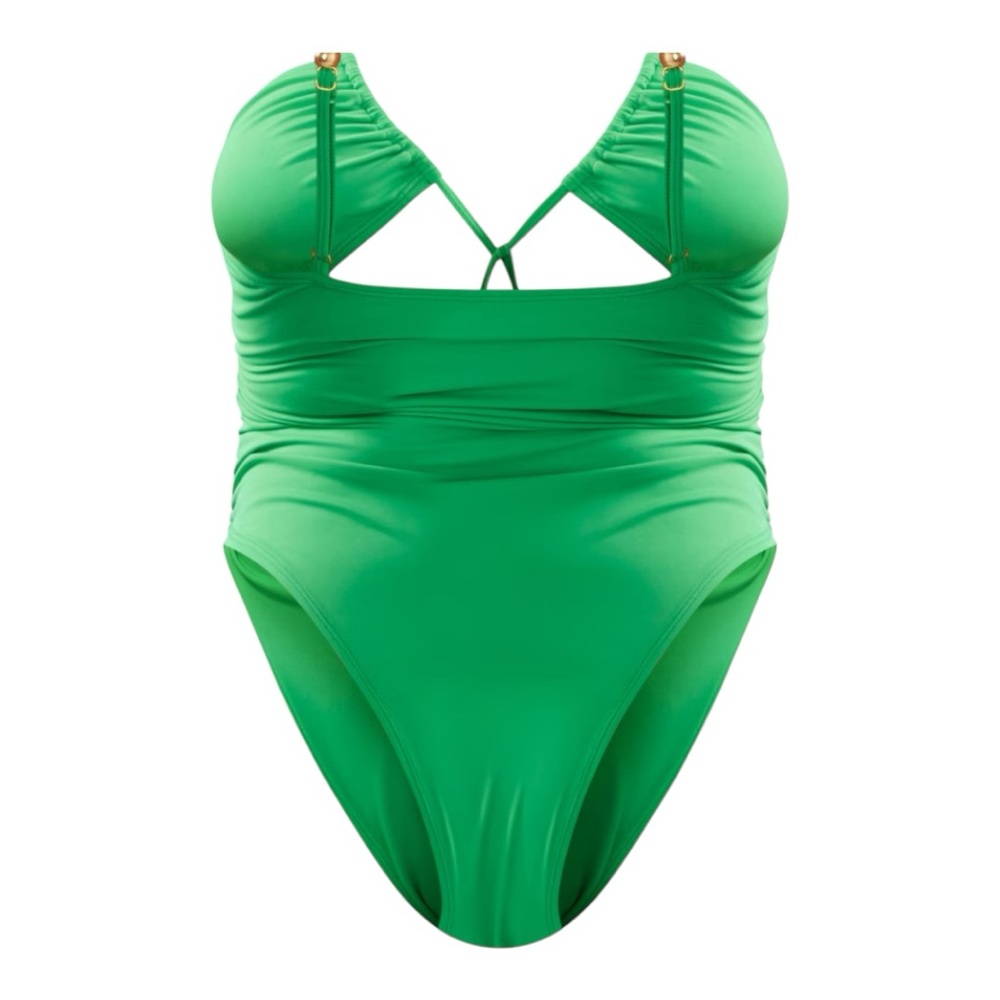 NWT | PrettyLittleThing Plus Green Bead Detail Ruched Cut Out Swimsuit - Picture 8 of 9
